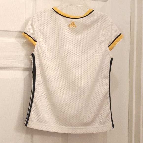 Adidas Girl's Medium 10/12 Cute Cap Sleeve Jersey Top White with Yellow & Navy - Picture 2 of 2